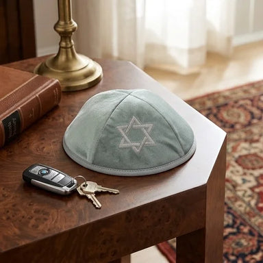 Velvet Kippah with Embroidery Size 4- Light Green
