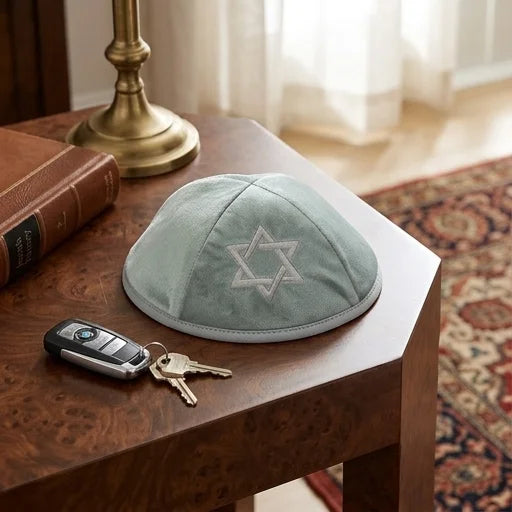 Velvet Kippah with Embroidery Size 4- Light Green