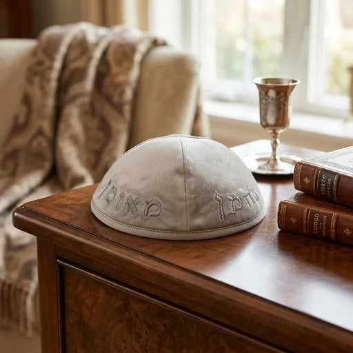 Velvet Kippah with Embroidery Size 4 - Gray