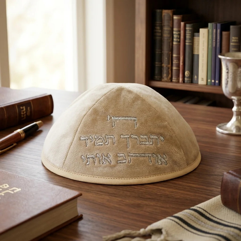 Velvet Kippah with Embroidery Size 4 - Silver, Beige