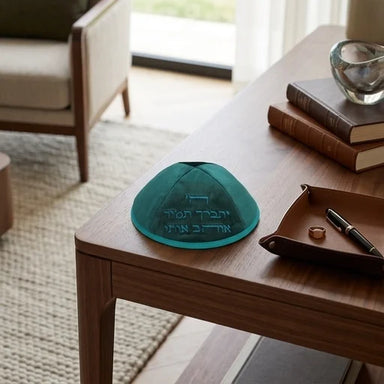 Velvet Kippah with Embroidery Size 4 - Silver, Blue, Turquoise