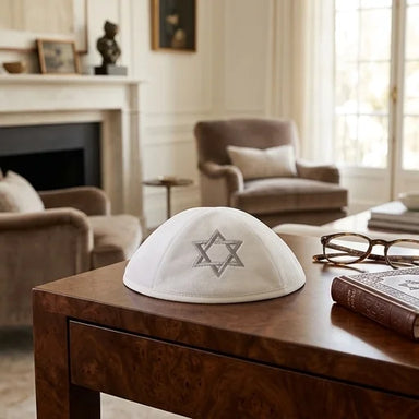 Velvet Kippah "Art-man" with Embroidery Size 4- White