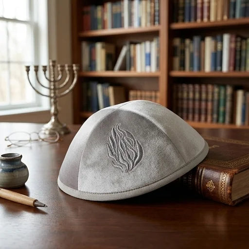Velvet Kippah "Art-man" with Embroidery Size 3- Light Gray