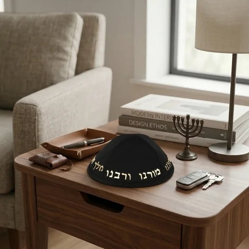 Black Terylene Kippah with Embossed Letters Size 4 - "Chabad" - Gold