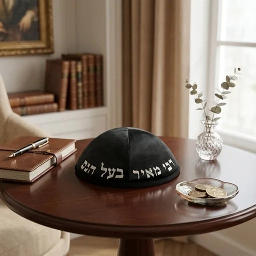 Velvet Kippah with Embossed Letters Size 4- Black