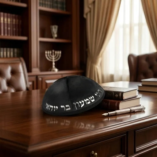 Velvet Kippah with Embossed Letters Size 4- Black