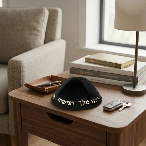 Velvet Kippah "Art-man" with Embossed Letters Size 4- Black - Gold