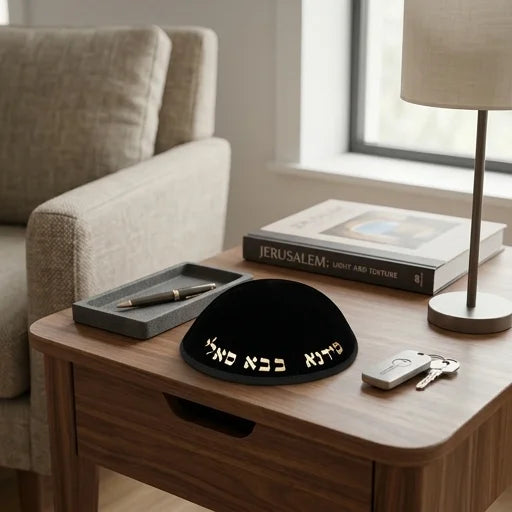 Velvet Kippah "Art-man" with Embossed Letters Size 4- Black - Gold