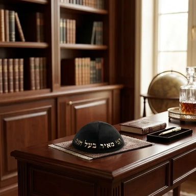 Velvet Kippah with Embossed Letters Size 4- Black