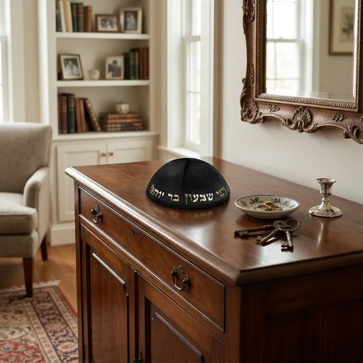 Velvet Kippah with Embossed Letters Size 4- Black