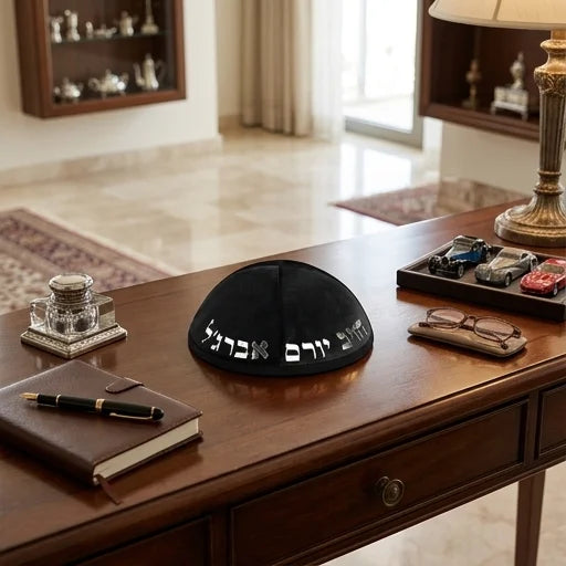 Velvet Kippah with Embossed Letters Size 4- Black