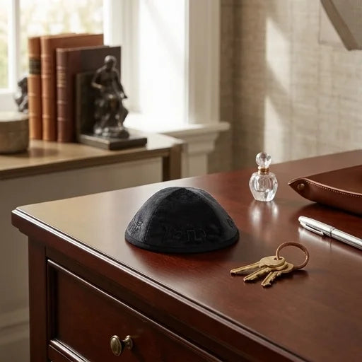 Velvet Kippah with Embroidery Size 4- Black