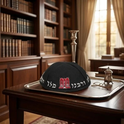 Black Terylene Kippah 22cm- "Rabbi" - with Embroidery