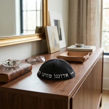 Black Terylene Kippah 22cm- "Chabad" - with Embroidery