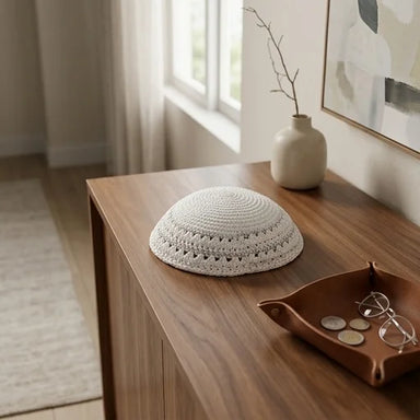 Knitted Kippah 15 cm- White with Holes and Silver Stripes