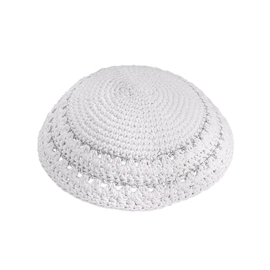 Knitted Kippah 15 cm- White with Holes and Silver Stripes