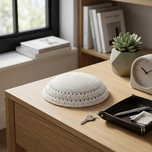 Knitted Kippah 17cm- White with 2 Silver Stripes