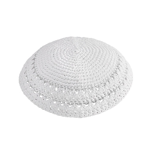 Knitted Kippah 17cm- White with 2 Silver Stripes
