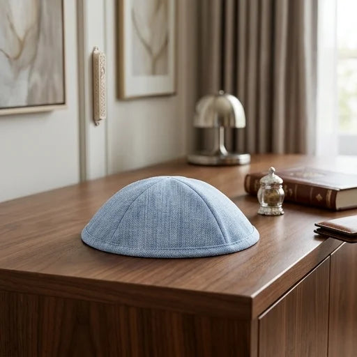 Elegant Fabric Kippah, 17 cm - White, Blue
