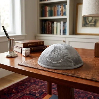 Velvet Kippah with Embroidery Size 4- Gray