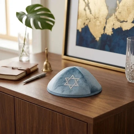 Velvet Kippah with Embroidery Size 4- Blue