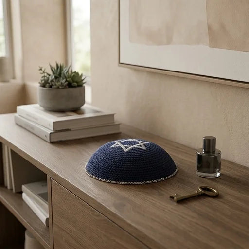 Knitted Kippah Blue Silver m. 16 cm - with Embroidery