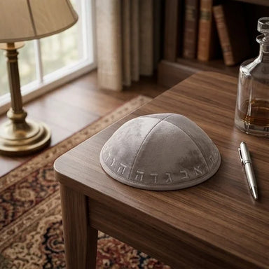 Velvet Kippah with Embroidery Size 3- Light Gray