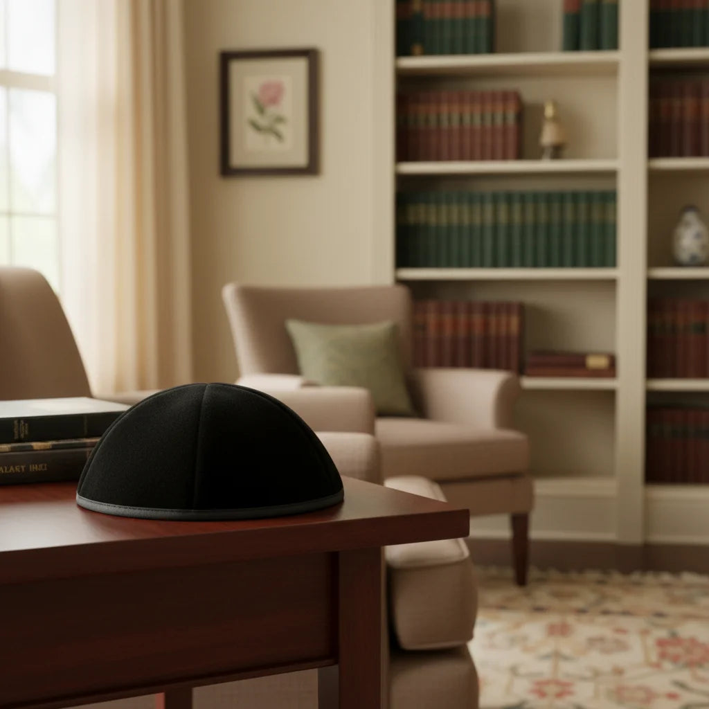 Velvet Plush Black Kippah 4 Parts, 19 cm Size 3 with Rim