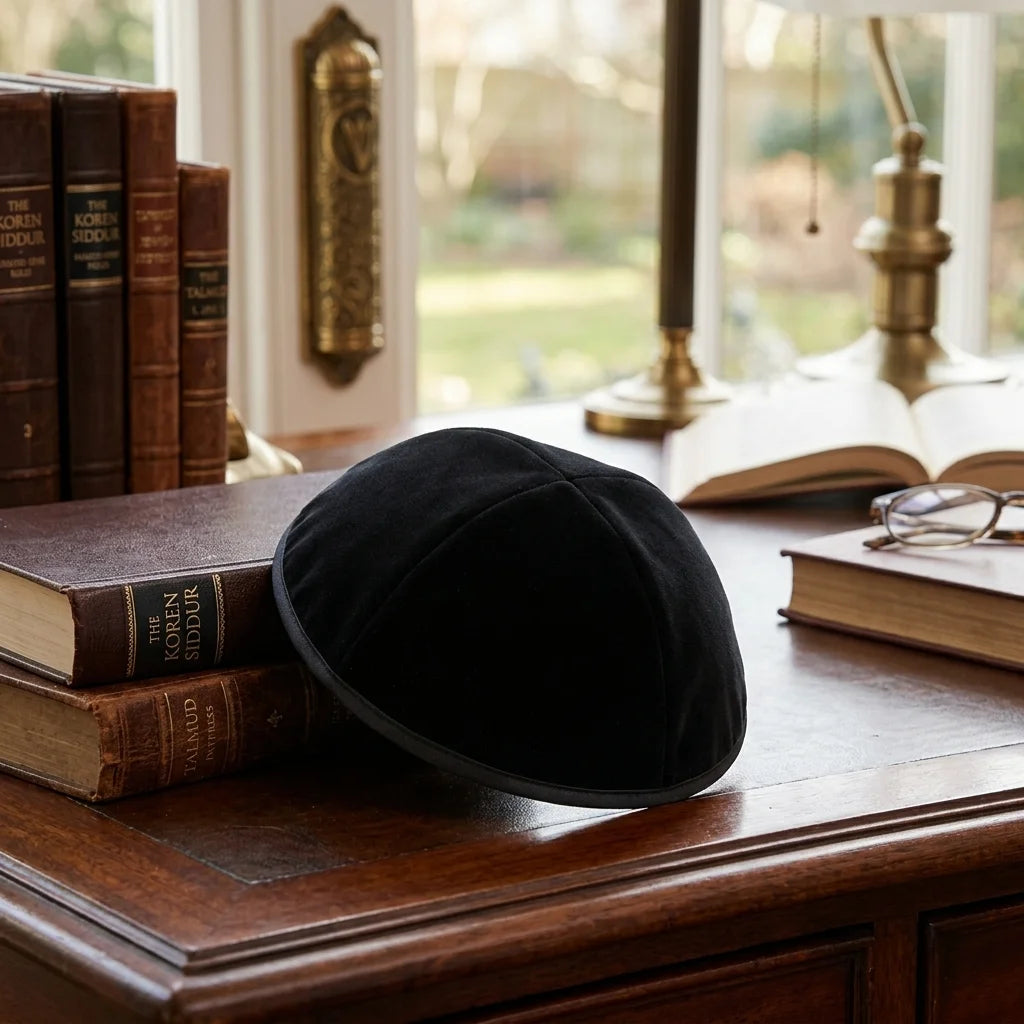 Velvet Plush Black Kippah 4 Parts, 20 cm Size 4 with Rim