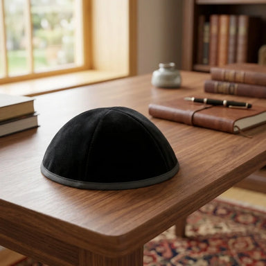 Velvet Plush Black Kippah 4 Parts, 21 cm Size 5 with Rim
