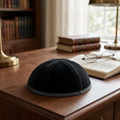 Velvet Plush Black Kippah 6 Parts, 20 cm Size 4 with Rim