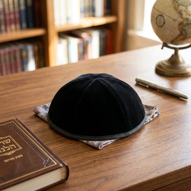 Velvet Plush Black Kippah 6 Parts, 22 cm Size 6 with Rim
