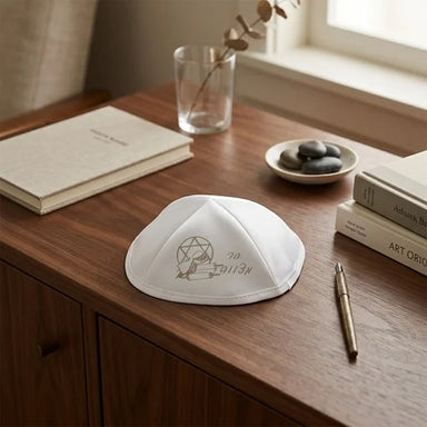 White Satin Kippah 19 cm "Bar Mitzvah" - Silver