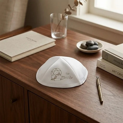 White Satin Kippah 19 cm "Bar Mitzvah" - Silver