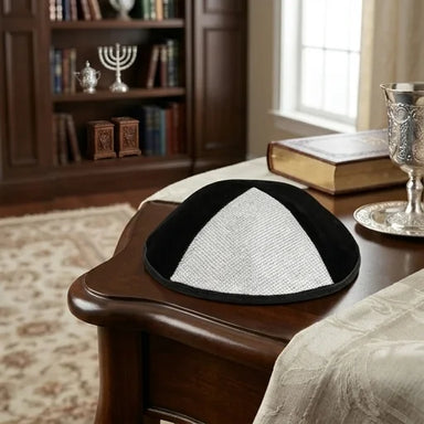 Velvet Plush Black Kippah 4 Parts, 19 cm Size 3 - Silver