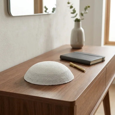 Knitted Kippah 17 cm- White with Silver Line