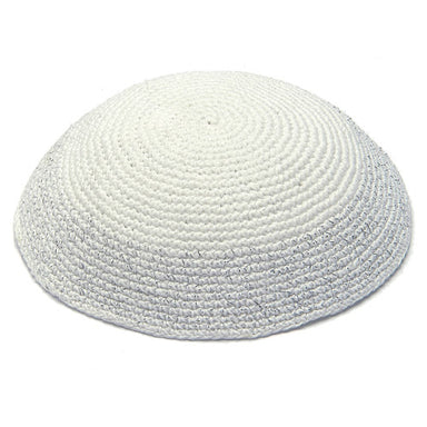 Knitted Kippah 17 cm- White with Silver Line
