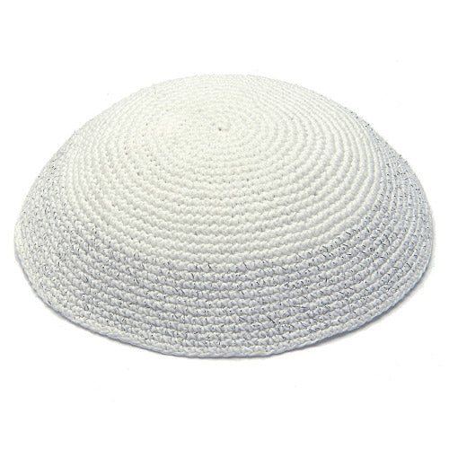 Knitted Kippah 17 cm- White with Silver Line