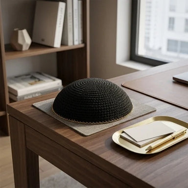 Knitted Kippah 15 cm- Black with Golden Line