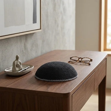 Knitted Kippah 15 cm- Black with Gray Line