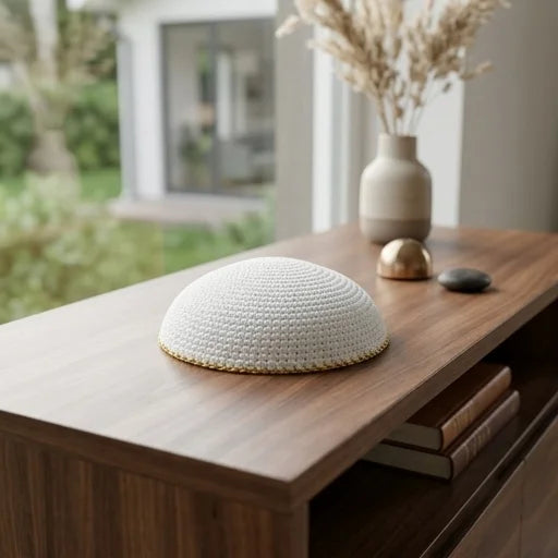 Knitted Kippah 15 cm- White with Golden Line