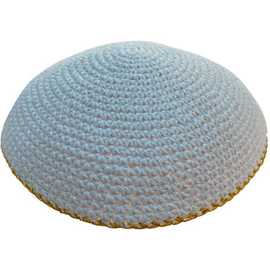 Knitted Kippah 15 cm- White with Golden Line