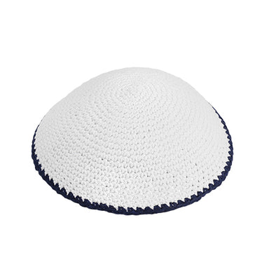 Knitted Kippah 17 cm- White with Blue Line