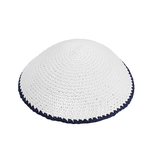 Knitted Kippah 17 cm- White with Blue Line