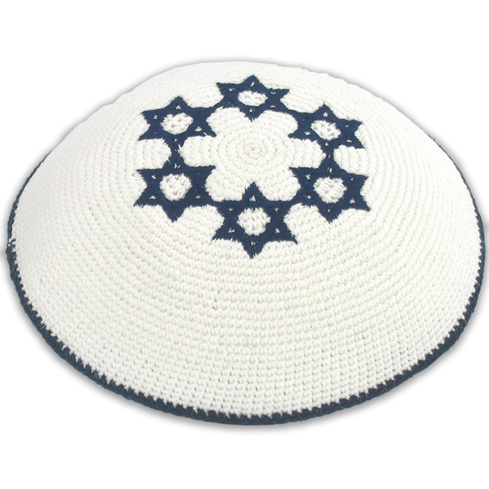 Knitted Kippah 16 cm- White with Blue Magen David Embroidery