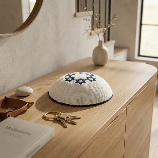 Knitted Kippah 16 cm- White with Blue Magen David Embroidery