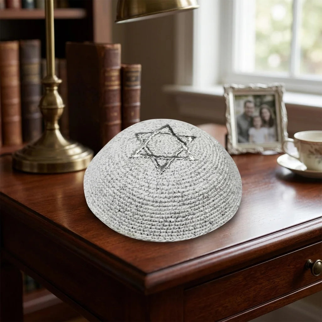 Knitted Kippah 16 cm with Silver Magen David Embroidery