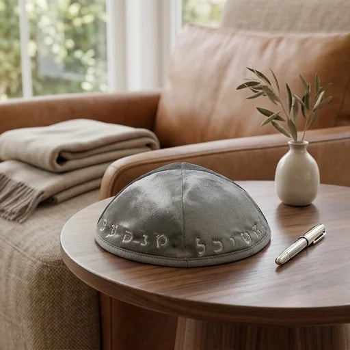 Velvet Kippah with Embroidery Size 3- Gray