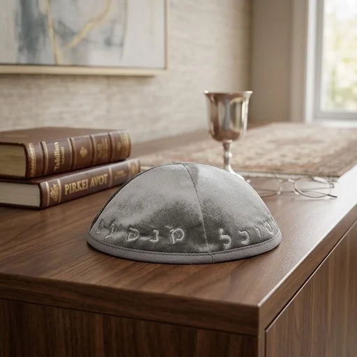 Velvet Kippah with Embroidery Size 4- Gray