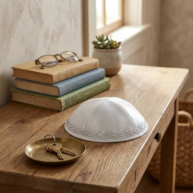 Satin Kippah 19cm- High Quality - White, with Embroidery